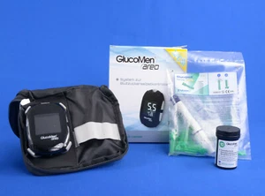 GlucoMen Areo Blutzucker-Messgerät Set mmol/L mit Teststreifen, Lanzetten, Etui - Bild 1 von 4