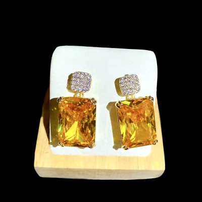 Lab-Created Yellow Citrine & Diamond Square Earrings 18k Gold Filled Gorgeous - Image 1 of 4