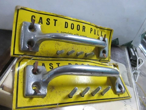 2 Vintage Cast Metal Brass Finish HANDLES & SCREWS door cabinet hardware MINT Cover