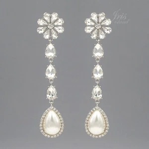 Clear Crystal Rhinestone Wedding Bridal Drop Dangle Earrings White Silver 20103 - Picture 1 of 4