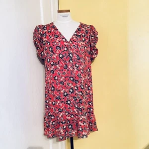 Parker NYC Dress Red Floral Ruffle MiniDress “Gathered V” Short Sleeve Size M - Bild 1 von 12