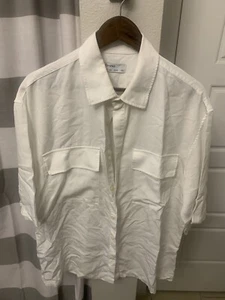 BERSHKA Camicia Uomo Oversize Bianco Panna Avorio Tasca Bottoni Street 40 Large L - Foto 1 di 6