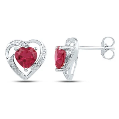 10K White Gold Round Lab-Created Ruby Diamond Heart Fashion Earrings 3/8 Ctw - Image 1 of 2