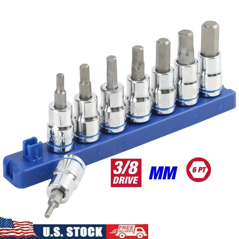 9-Piece 3/8 Inch Drive Metric Hex Socket Set Cr-V Steel Durable W/ Rail New - Image 1 of 4