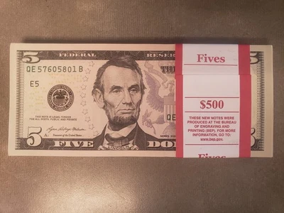 NEW $5 DOLLAR BILLS UNCIRCULATED BEP STRAP 100 CONSECUTIVE $500 FACE VALUE 2021 - Image 1 of 4