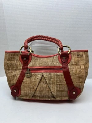 Bolso de Mano Elaine Turner Tejido Paja Cuero Coral Asas Y Borde Forro Rosa Caliente Foto 1 de 4