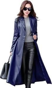 Women's Navy Blue Trench Coat Genuine Lambskin Leather Handmade Long Over Coat - Picture 1 of 6