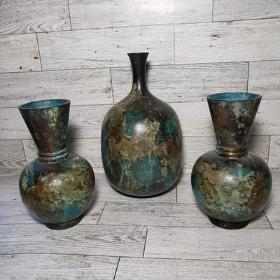 3 Antique Japanese Bronze Murashido Vases Beautiful Turquoise Green Patina Japan - Image 1 of 4