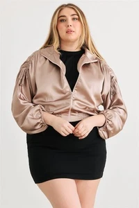 Plus Satin Zip-up Ruched Long Sleeve Cropped Bomber Jacket - Picture 1 of 6