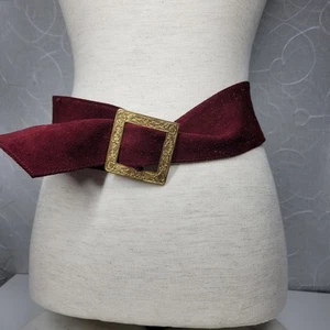 Vintage St Laurent Suede Belt 36" Burgundy Square Gold Floral Buckle Hippie Boho - Picture 1 of 15