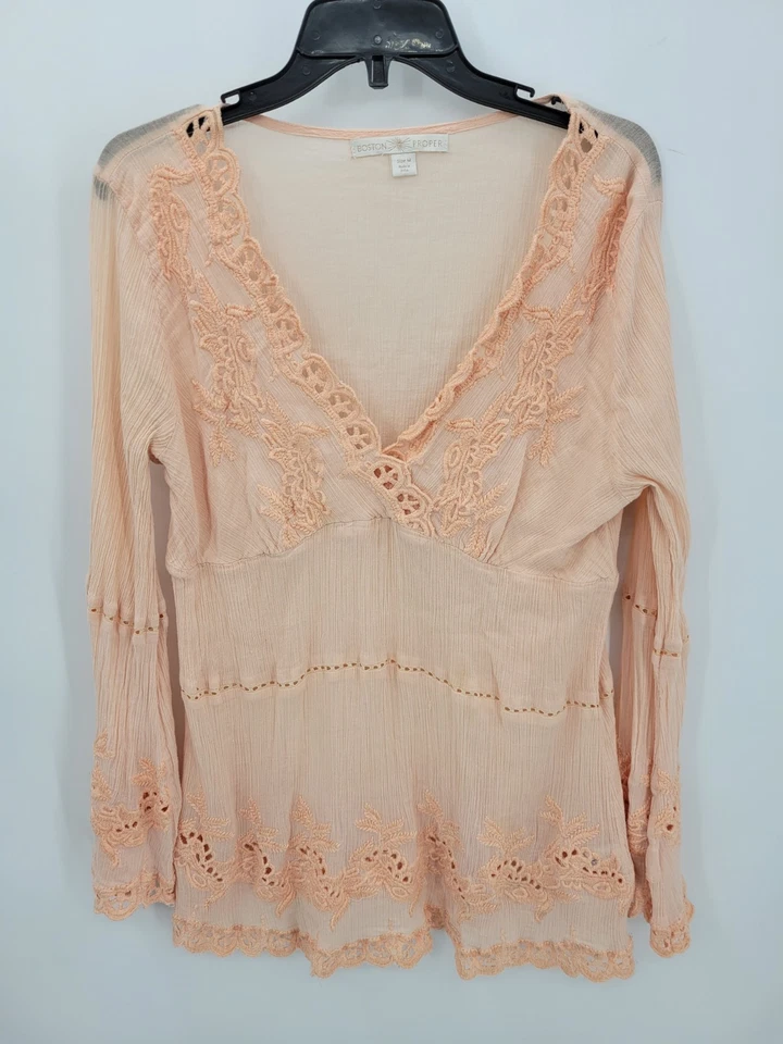 Boston Proper Top Mujer Mediano Naranja Ojales Encaje Ribete Semi Transparente Boho Campesino Foto 1 de 4