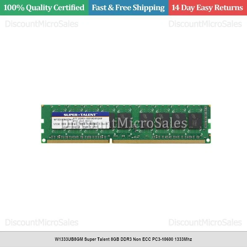W1333UB8GM Super Talent 8GB DDR3 Non ECC PC3-10600 1333Mhz - Image 1 of 1