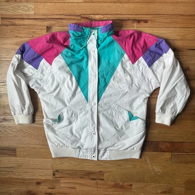 Vintage IZZI Windbreaker Jacket 80s Colorblock Purple Pink Teal XL [23"x26"] - Image 1 of 4
