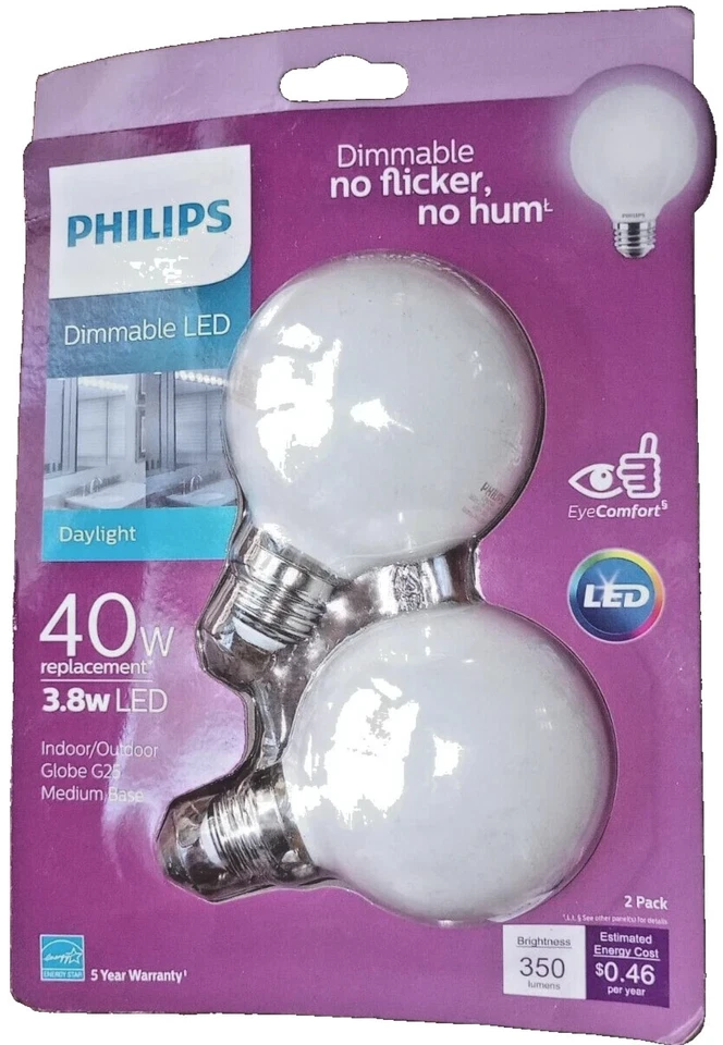 2 Pack Philips G25 Medium Base E26 Dimmable LED Decorative Light Bulbs - RETAIL - Image 1 of 3