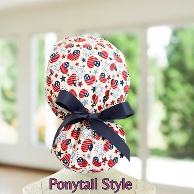 American Hearts 4 de julio ~ Gorra exfoliante cola de caballo, sombrero quirúrgico, OR, CNA, gorra, Foto 1 de 4