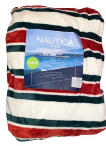 Nautica Twin Plush Christmas Blanket Twin Size Red White Green 60 in. x 90 in. - Picture 1 of 2