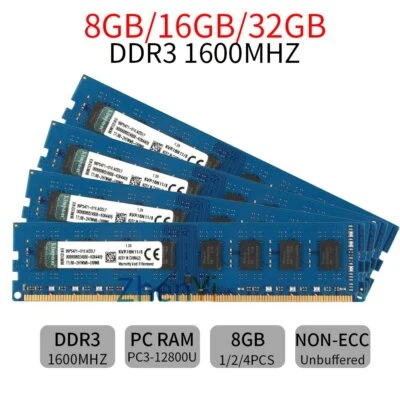 Kingston 32GB 16GB 8GB DDR3 1600MHz PC3-12800 KVR16N11/8 Desktop RAM Lot AB Blue - Image 1 of 4