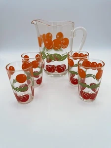 Vintage Hazel Atlas Pitcher 4 Juice Glasses Tomato Orange Fruit 1950-1960 - Picture 1 of 13
