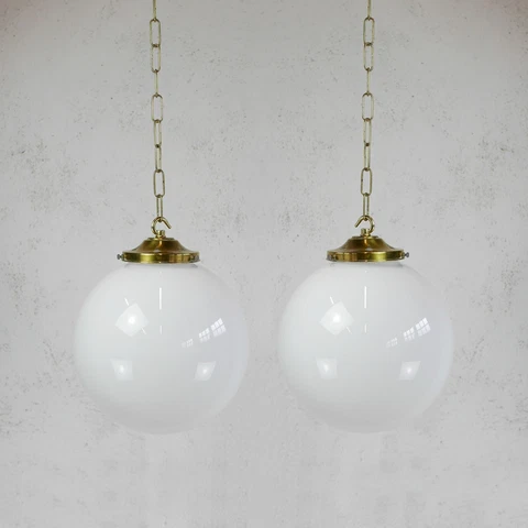 Pair Vintage Pendant Light Shades Opaline Milk Glass Globe Brass School Church G Cover