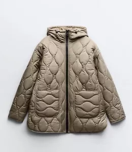 ZARA BNWT 2024. LIGHT KHAKI QUILTED PUFFER JACKET HOODED. 5854/023 Size L - Picture 1 of 3