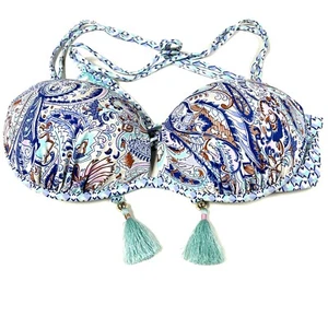 Victorias Secret 34D Gorgeous Pushup Padded Bikini Top Blue White Tassel  #2383 - Picture 1 of 10