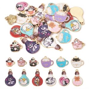 24x Alloy Enamel Pendants Cup Lamp Bulb with Cat Charms Jewelry Making 15~28mm