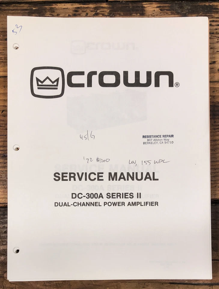 Crown DC-300A Serie II Amplificador Manual de Servicio *Original* Foto 1 de 1