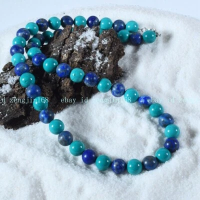 Handmade 18" Natural Lapis Lazuli & Turquoise 8mm Round Beads Chain Necklace - Image 1 of 4