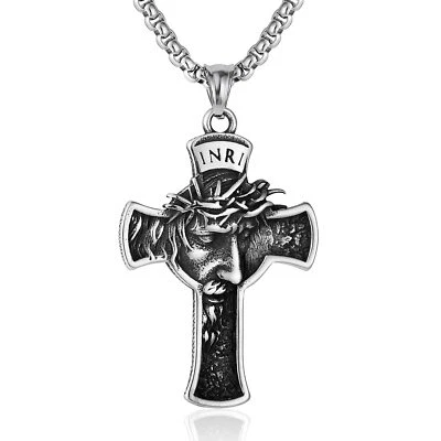 Mens Stainless Steel Jesus Christ Face Crucifix Cross Gothic Pendant Necklace  - Image 1 of 4
