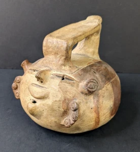 VTG South American Pottery Instrument Whistle Face Head Sculpture Antique - Picture 1 of 13