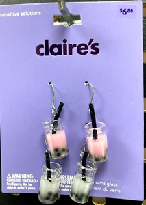 Claire’s Girls 2 Pair of Boba Tea Drop Earrings Pink & White SO CUTE! - Picture 1 of 2