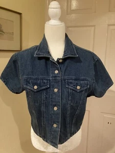 VTG British Khaki Blue Denim Shirt Short Sleeve Fitted 100% Cotton Sz 8 Mint! - Picture 1 of 10