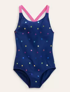 Mini Boden Swimsuit NWT Girls 11-12 Navy Rainbow Foil Confetti Dot Cross-back - Picture 1 of 4