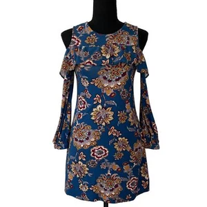 Super Soft! Boho Blue Gold Garnet Floral Cold Shoulder Dress Size Girls 12 - Picture 1 of 10