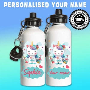 PERSONALISED CUSTOM UNICORN ANIMAL YOUR NAME WATER BOTTLE SCHOOL KIDS GIFT PARTY - Picture 1 of 8