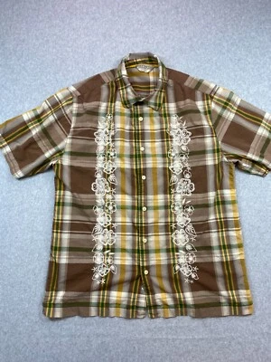 Old Navy Shirt Mens Medium Brown Plaid Embroidered Flower Hawaiian Beach Coastal - Image 1 of 4