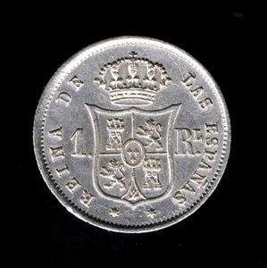 SPAIN - 1 REAL 1859 KM# 606.2. DOUBLE DIE & IMPRINT. HIGH GRADE - Picture 1 of 4