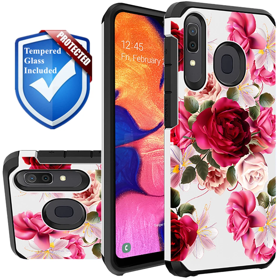 红色花卉防震保护壳 适用于三星 Galaxy A50 A20 A30 A10e + 钢化玻璃 — 第 1/1 张图片