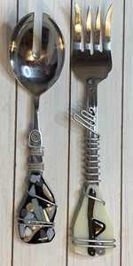 Straus SIGNED Art Glass Wire Wrapped Serving Salad Fork and Spoon Utensils OOAK - Picture 1 of 9