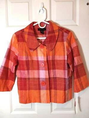 ¡Nuevo! SILK LAND Mujer Multicolor Cuadros Lino Botón Chaqueta Carrera Talla L Foto 1 de 3