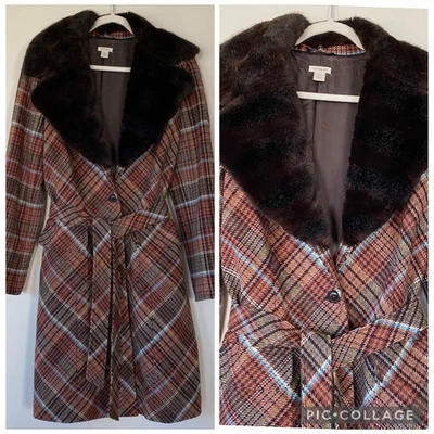 Abrigo largo con cinturón cuello chal de piel sintética a cuadros marrón mezcla de lana halógena talla XL Foto 1 de 4