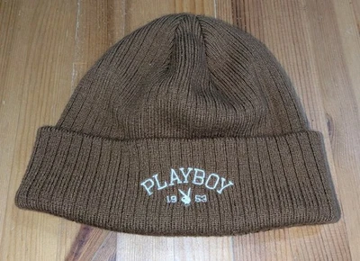 Playboy Beanie Beige Tan Brown White Bunny Logo Collectible Cuffed Knit Cap Hat - Image 1 of 3