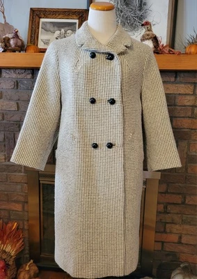 Abrigo clásico largo de lana Rothmoor Mod años 60 vintage para mujer, blanco negro a cuadros, talla M Foto 1 de 4