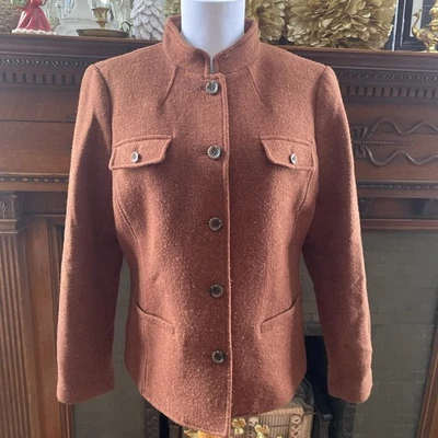 Talbots Women’s Sz 10 Brown Wool Blend Moto Band-Collar Jacket Blazer Warm - Image 1 of 4