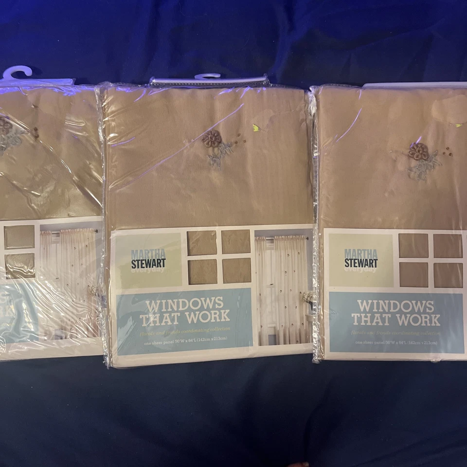 Tres paneles de cortina vintage Martha Stewart beige floral transparente 56 X 64 NOS Foto 1 de 1