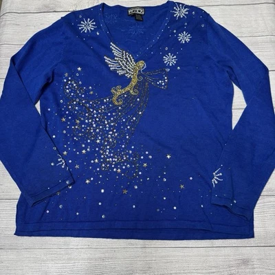 Suéter Berek Azul Ángel Navidad Joyas Lentejuelas Cuentas Copo de Nieve Vacaciones XL Foto 1 de 4
