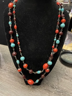 长波西米亚西南串珠项链绿松石珊瑚红色棕色玻璃珠** — 第 1/4 张图片