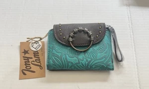 Tony Lama Womens Leather Wristlet Clutch  Brown Turquoise Floral Tooled Western - Picture 1 of 9