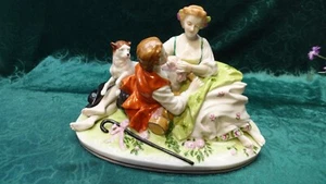 Vintage deutsch Sitzendorf markiert Porzellan Romantische Gruppe Statue Figur & Hund - Bild 1 von 9