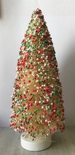 10" Red White & Green Beaded Sisal Bottle Brush Christmas Tree Snow Village Putz